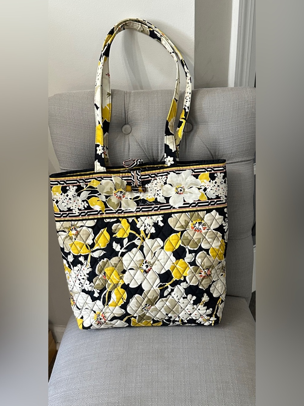 Vera Bradley Quilted Floral Tote Bag in Black, Yellow & White